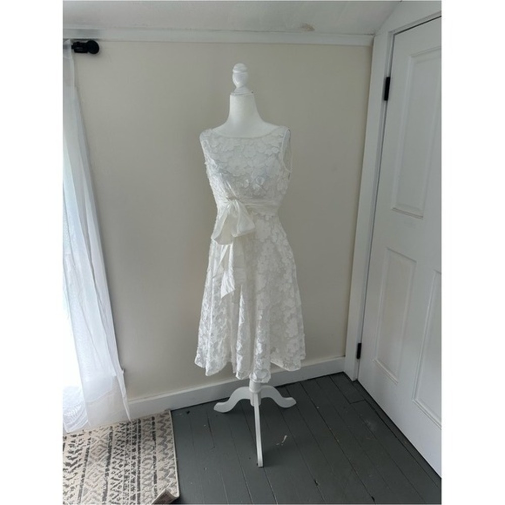 Adrianna Papell White Floral Lace Knee Length Dress with Bow Sash